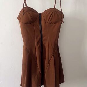 Brown Spaghetti Strap Bustier Mini Dress with Front Zip